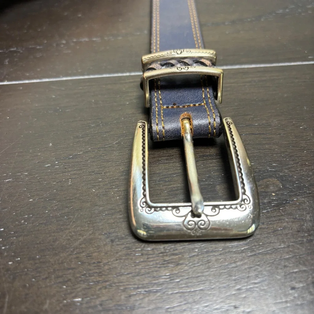 Brighton | Womens M 30 | Dark Gray Leather Western Belt Silver Engraved Buckle